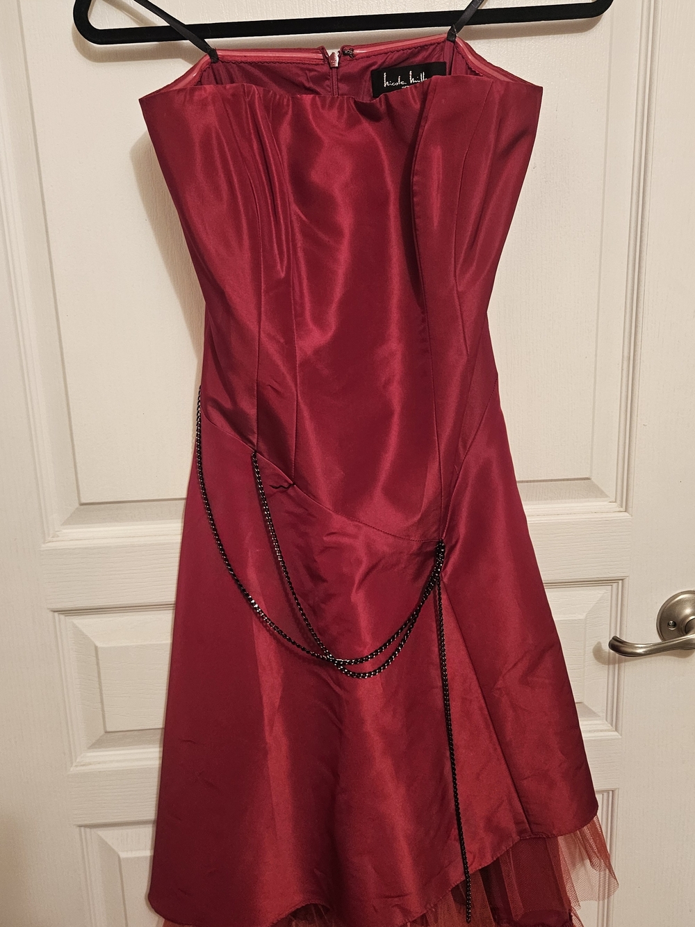 Nicole Miller Red Strapless Satin Dress with Chain Accent